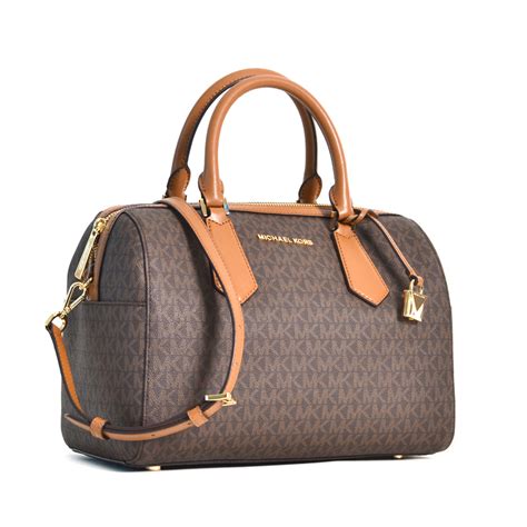 michael kors hayes large duffle satchel bag brown mk signat|Michael Kors brown suitcase.